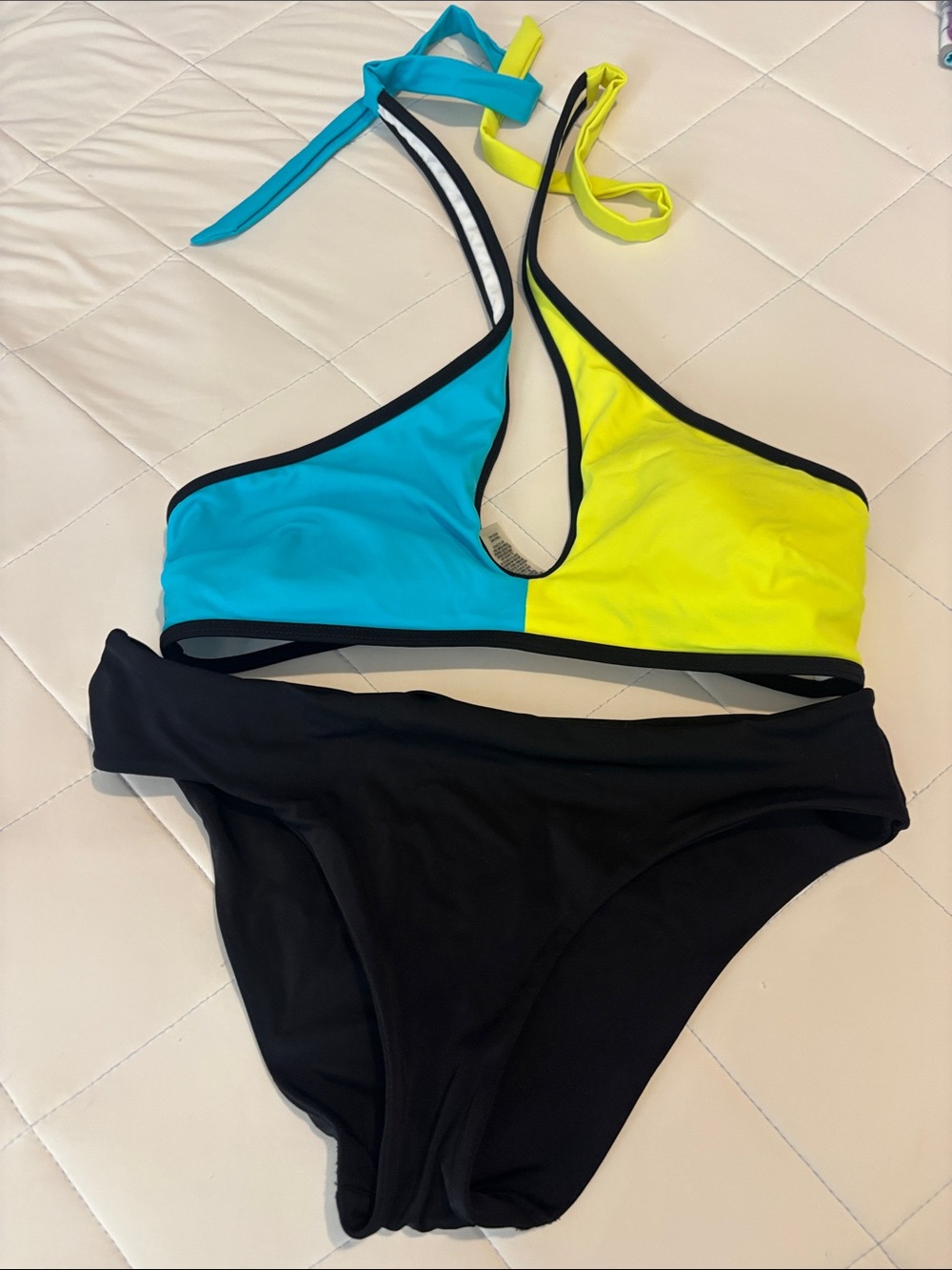 PINK Victoria's Secret Turquoise & Neon Yellow Colorblock Bikini